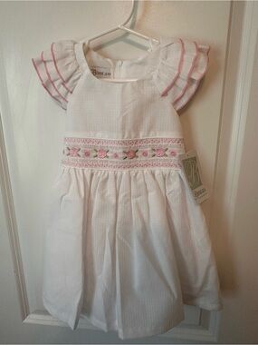 Bonnie Jean White Dress with Pink Trim and Rose Smocking